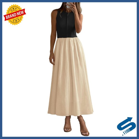 Sleeveless Maxi Dress Patchwork Knit Flowy Casual Work Vacation